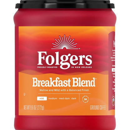 Folgers Breakfast Blend Ground Coffee, Smooth & Mild Coffee, 9.6 Ounce Canister