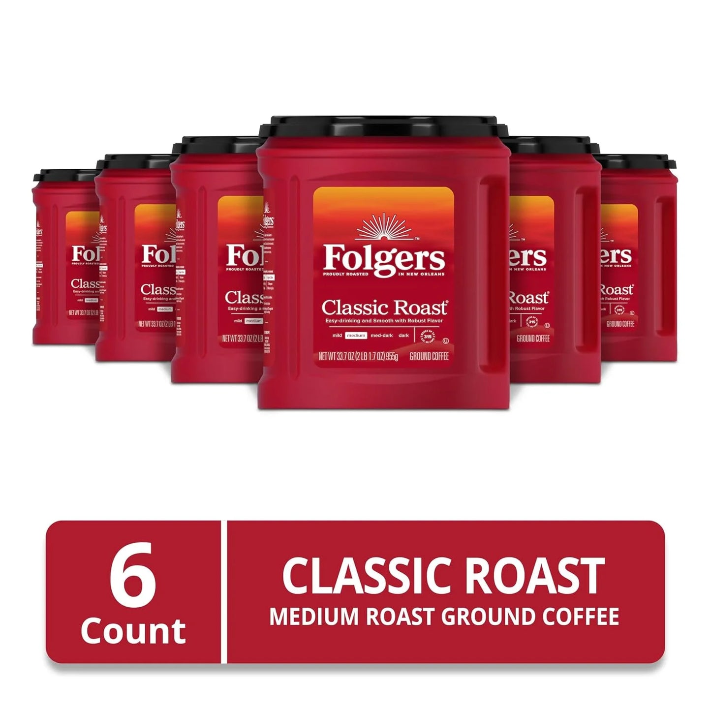 Folgers Classic Roast Ground Coffee, Medium Roast, 6 (33.7-Oz.) Canisters