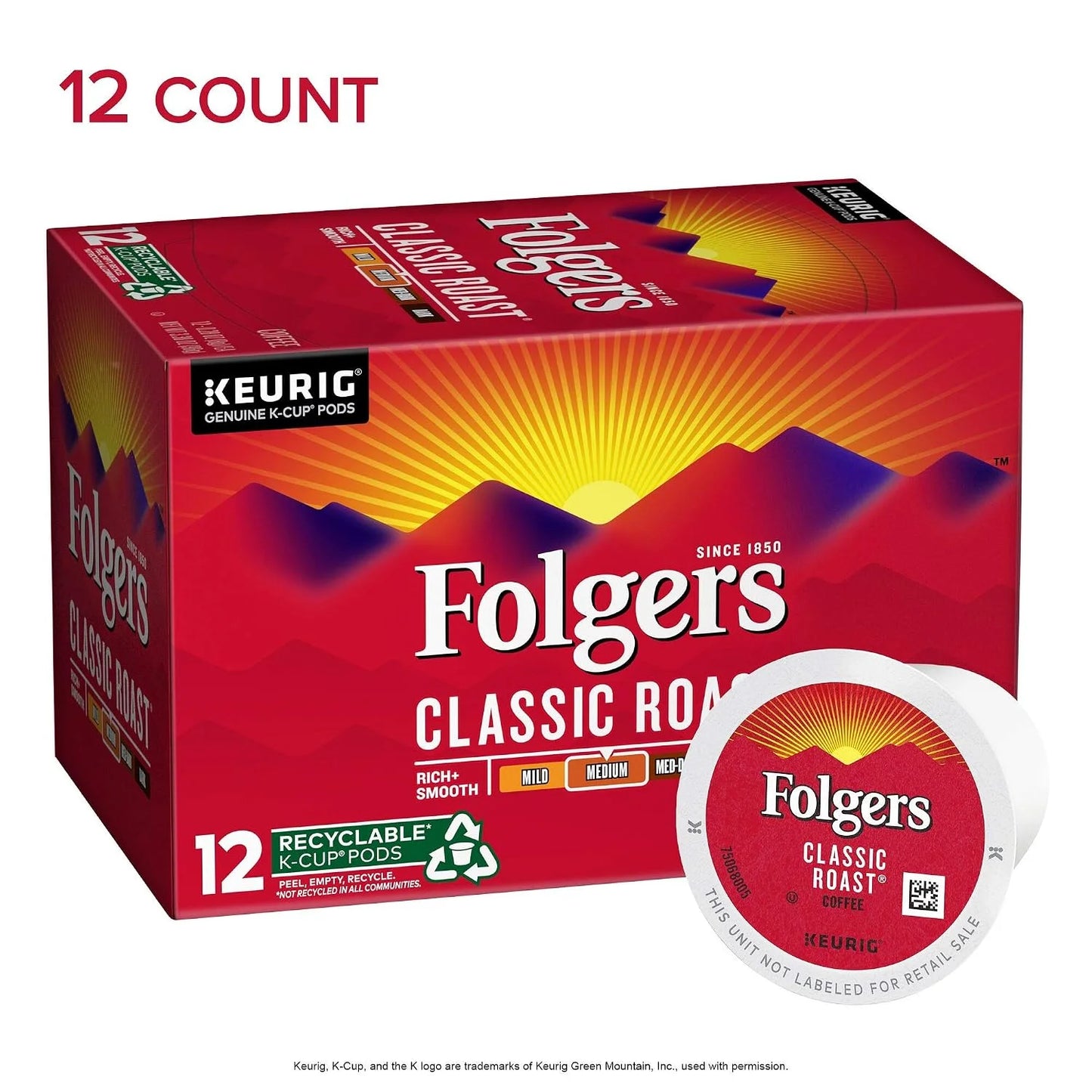 Folgers Classic Roast Medium Roast Coffee, 12 Keurig K-Cup Pods