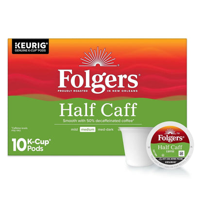 Folgers Half Caff Medium Roast Coffee, Keurig K-Cup Pods, 10 Count Box