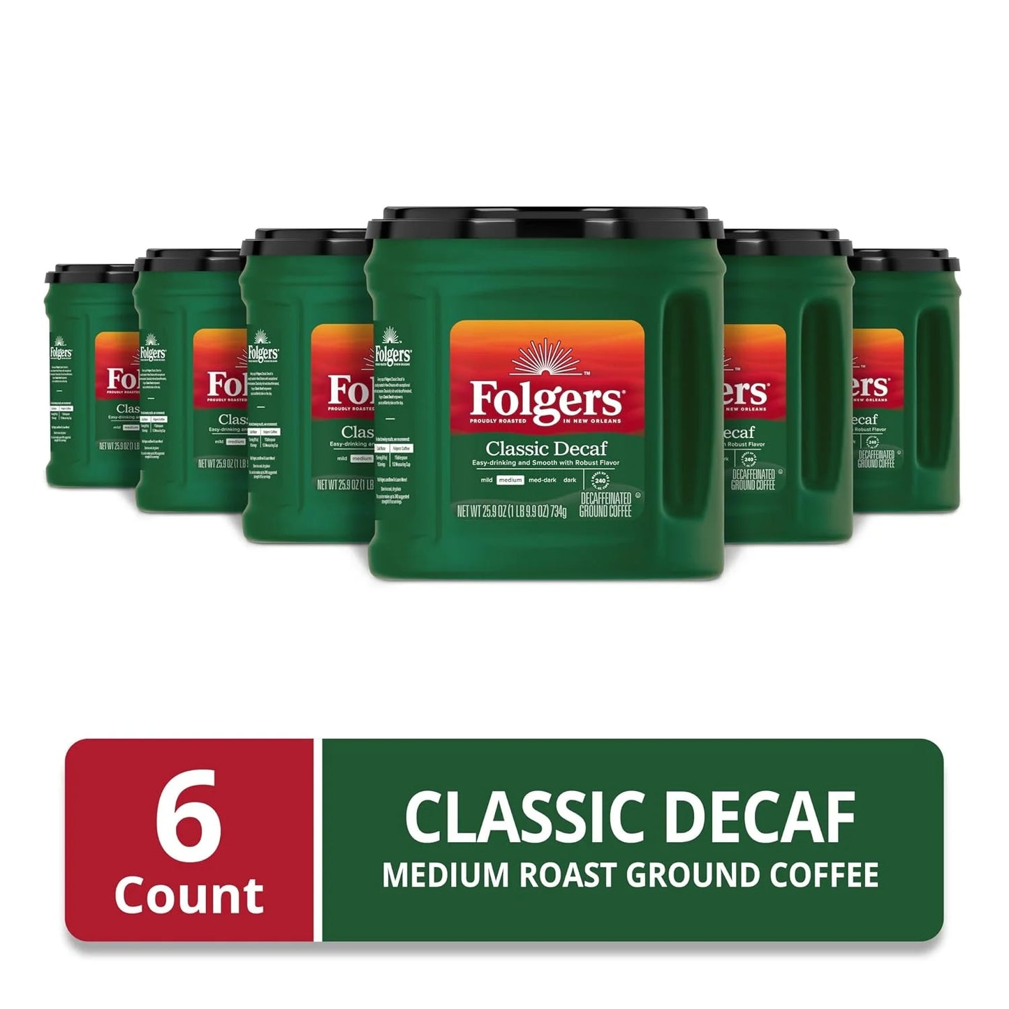 Folgers Classic Decaf Ground Coffee, Medium Roast, 6 Canisters