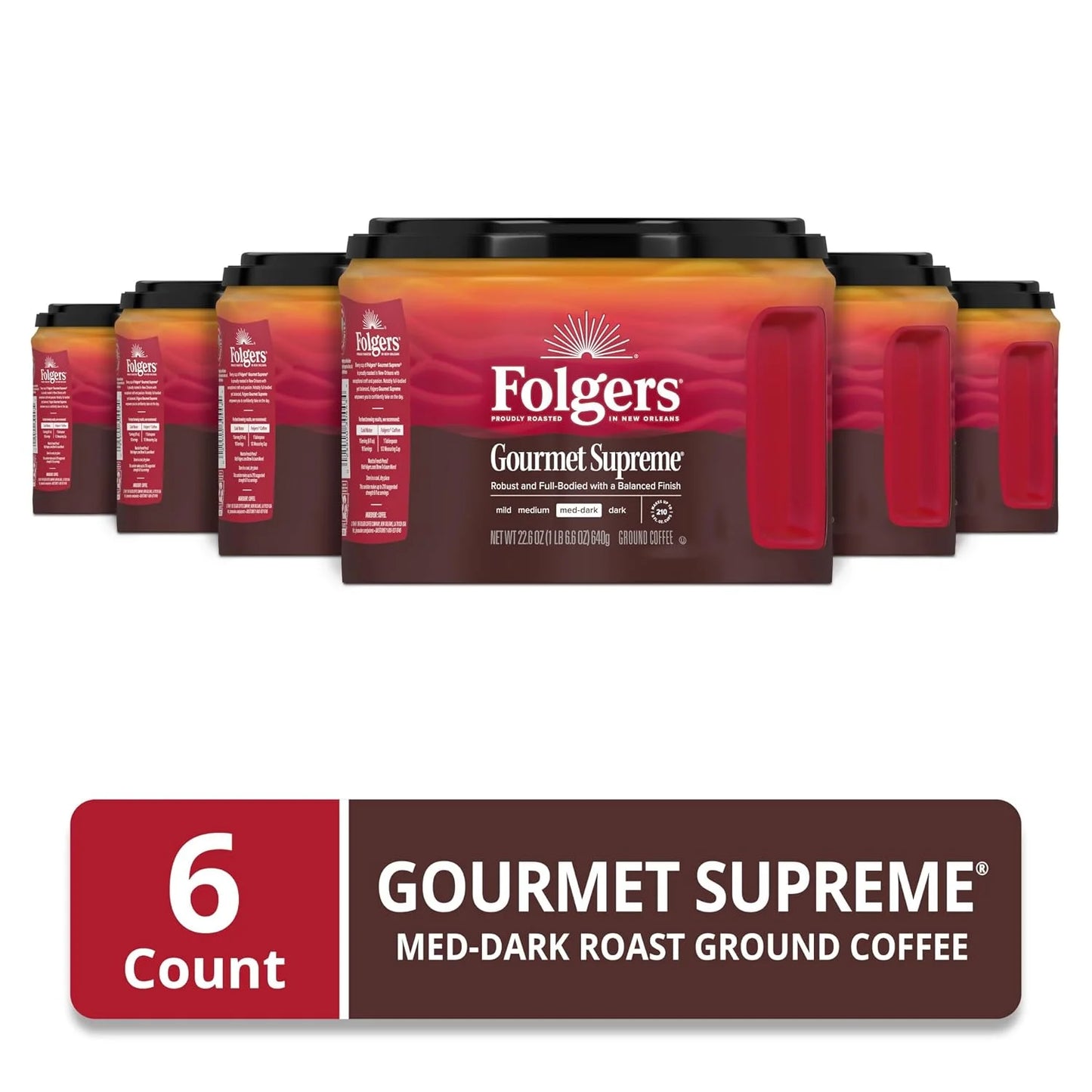 Folgers Gourmet Supreme Ground Coffee, Medium-Dark, 6 (22.6 Oz.) Canisters