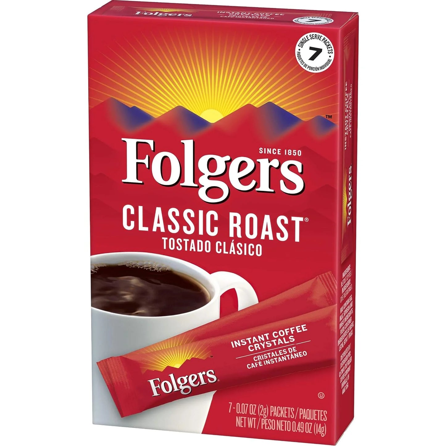 Folgers Classic Roast Instant Coffee Crystals, 7 Single Serve Packets (Pack of 12)