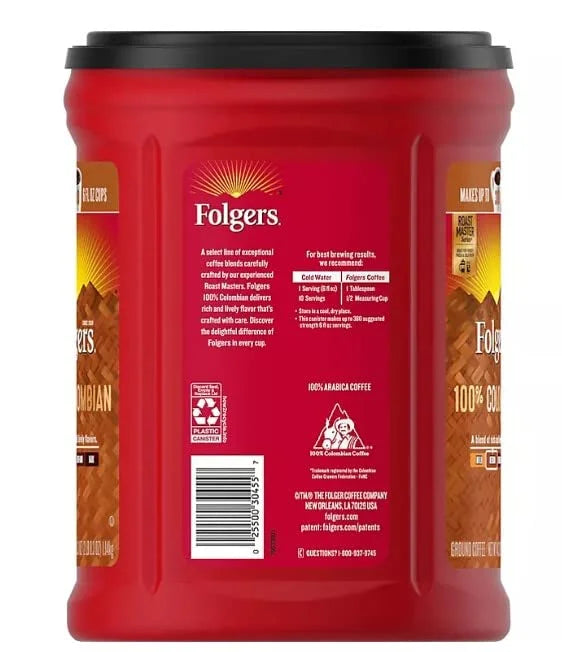 Folgers Café Tostado y Molido 100% Colombiano (40.3 onzas /1.14 Kilogramos). 100% Medium Roast Ground Colombian Coffee