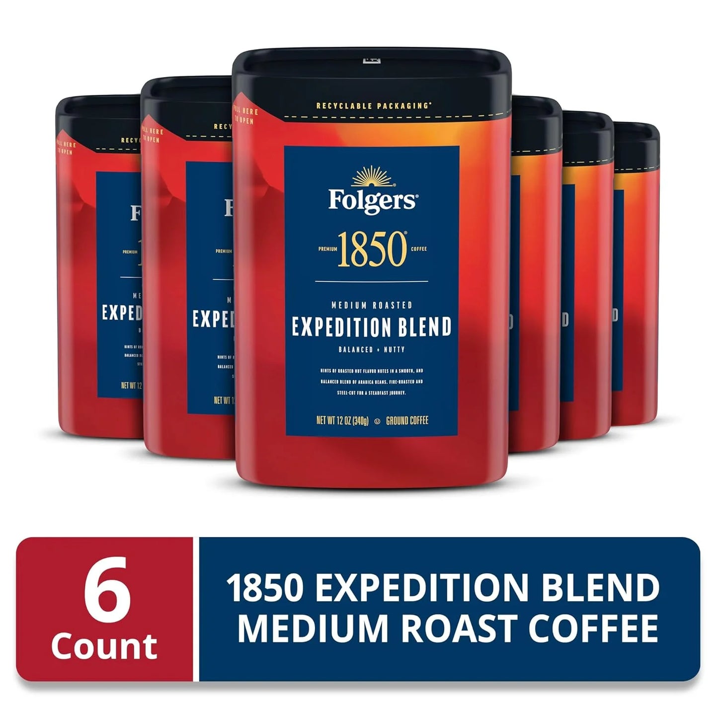 Folgers 1850 Expedition Blend Ground Coffee, 6 Canisters