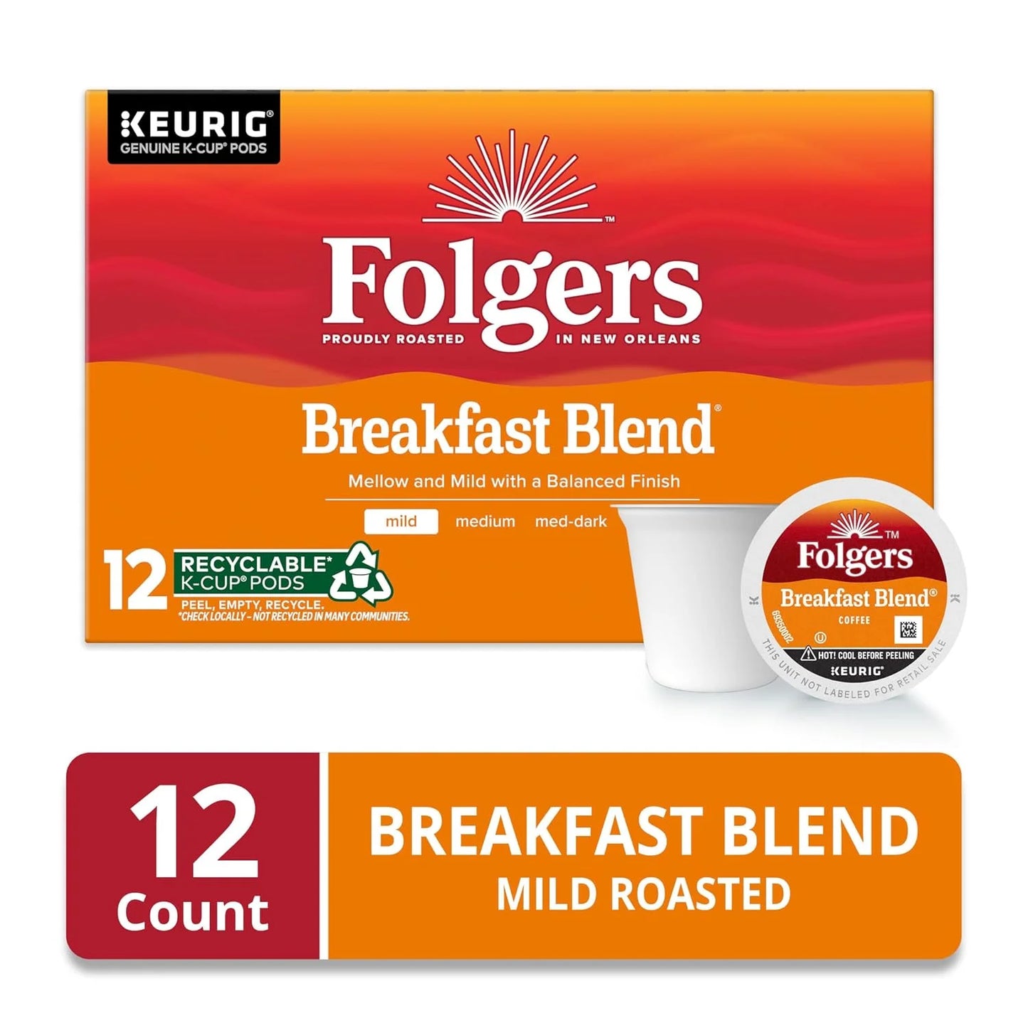 Folgers Breakfast Blend Coffee, Mild Roast, Keurig K-Cup Pods, 12 Count