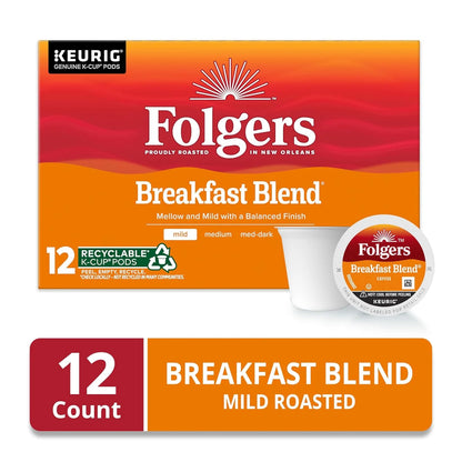 Folgers Breakfast Blend Coffee, Mild Roast, Keurig K-Cup Pods, 12 Count