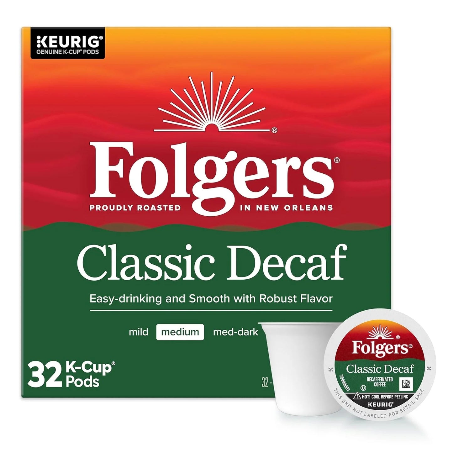 Folgers Classic Decaf Medium Roast Coffee, Keurig K-Cup Pods, 32 Count Box