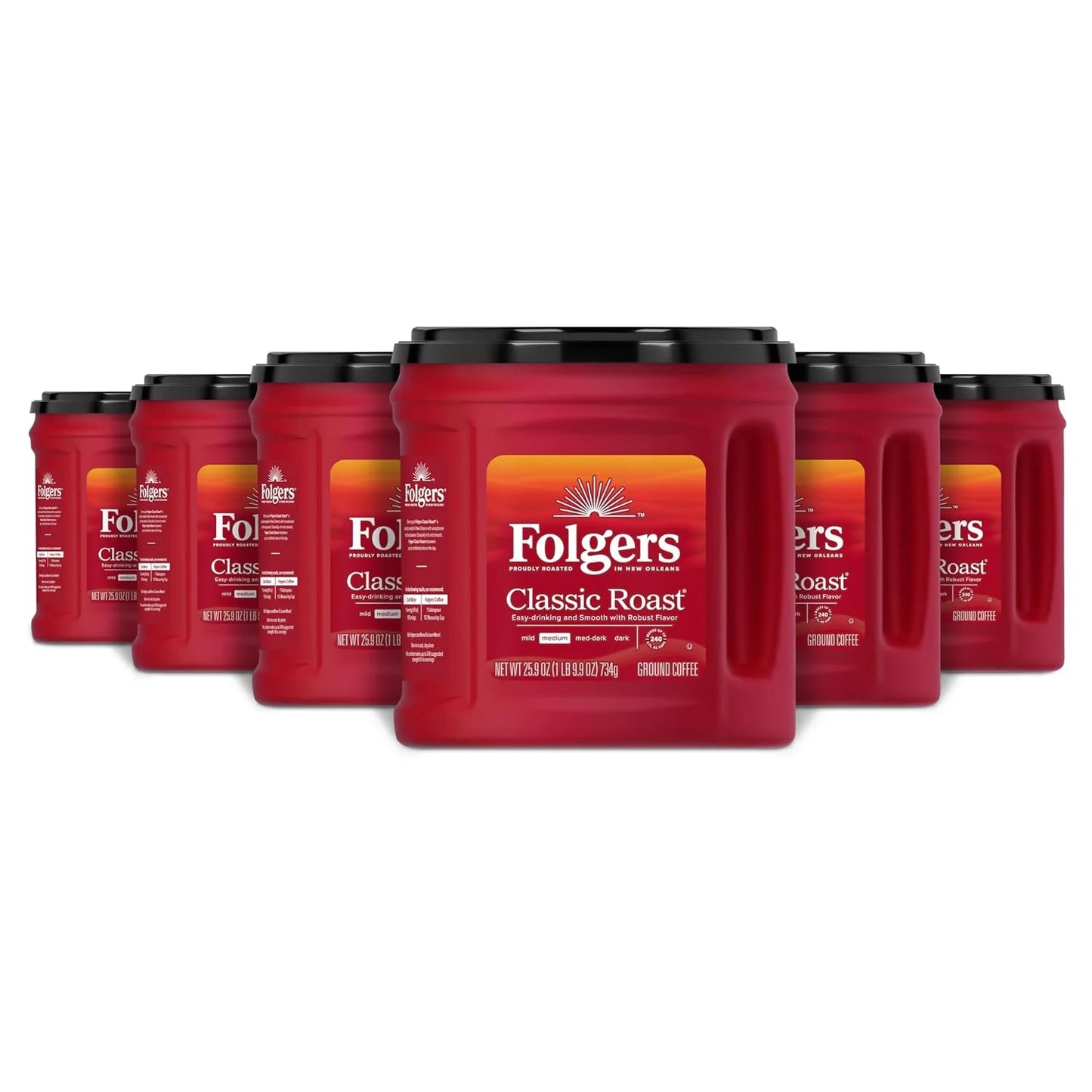 Folgers Classic Roast Ground Coffee, Medium Roast, 6 (25.9-Oz.) Canisters