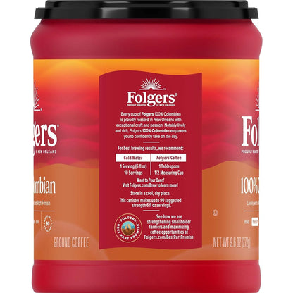 Folgers 100% Colombian Coffee, Medium Roast Ground Coffee, 9.6 Ounce Canister