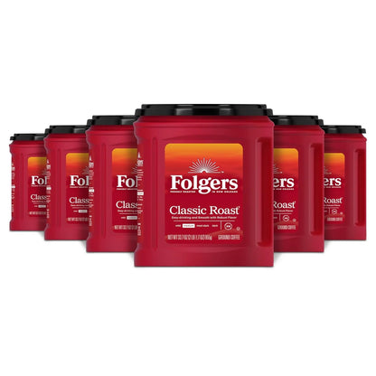 Folgers Classic Roast Ground Coffee, Medium Roast, 6 (33.7-Oz.) Canisters