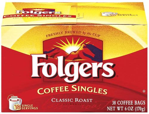 Folgers Coffee Singles Classic Roast Coffee Bags, 6 Ounce - 38 Count each (Pack of 6)