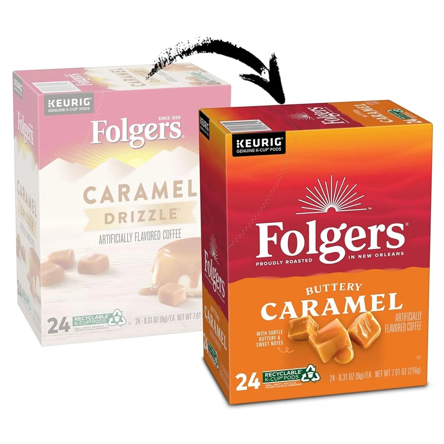 Folgers Keurig Single Serve K-Cup Pods, Buttery Caramel, Carton Of 24