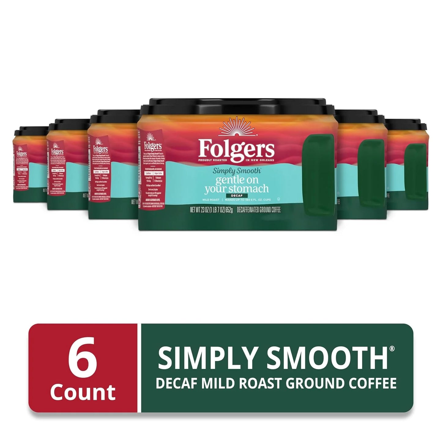 Folgers Simply Smooth Decaf Ground Coffee, 23 Oz. Canister (Pack of 6)