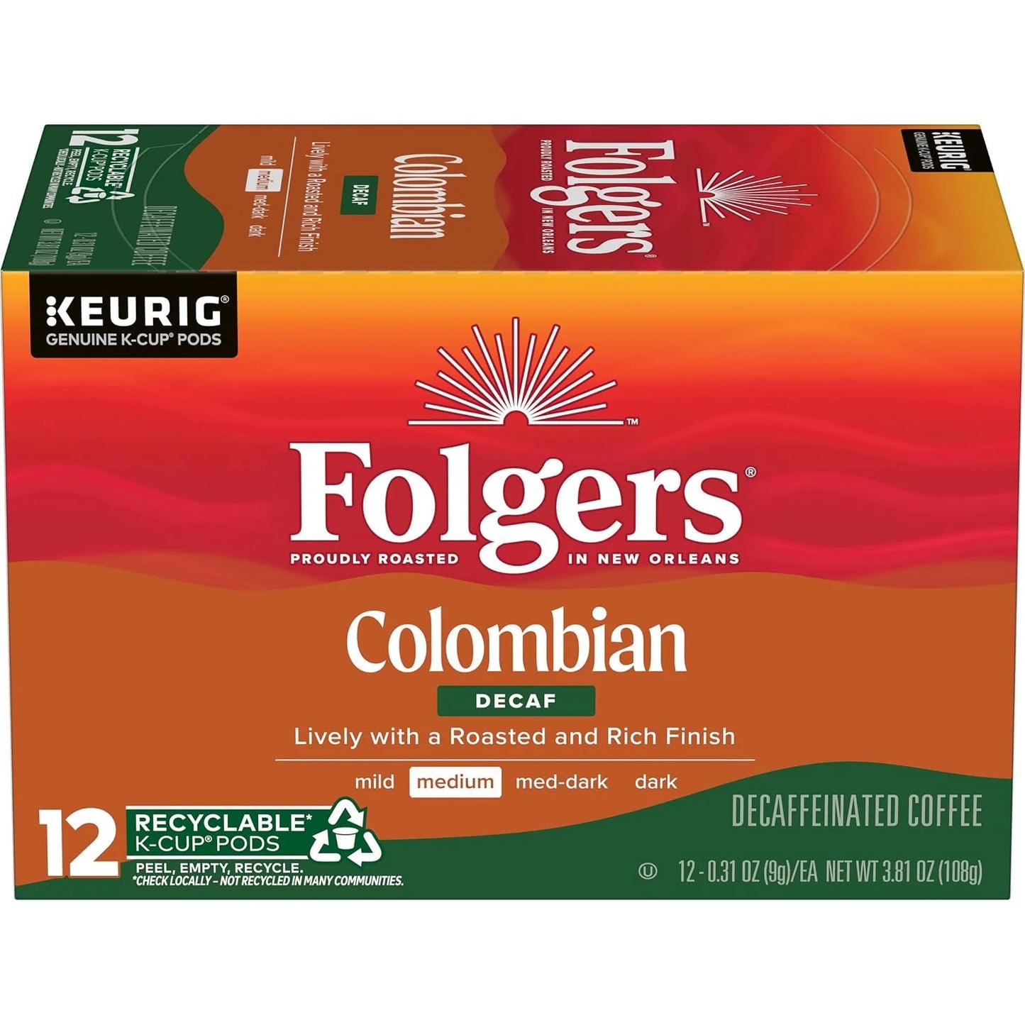 Folgers Colombian Decaf Medium Roast Coffee, 12 Keurig K-Cup Pods