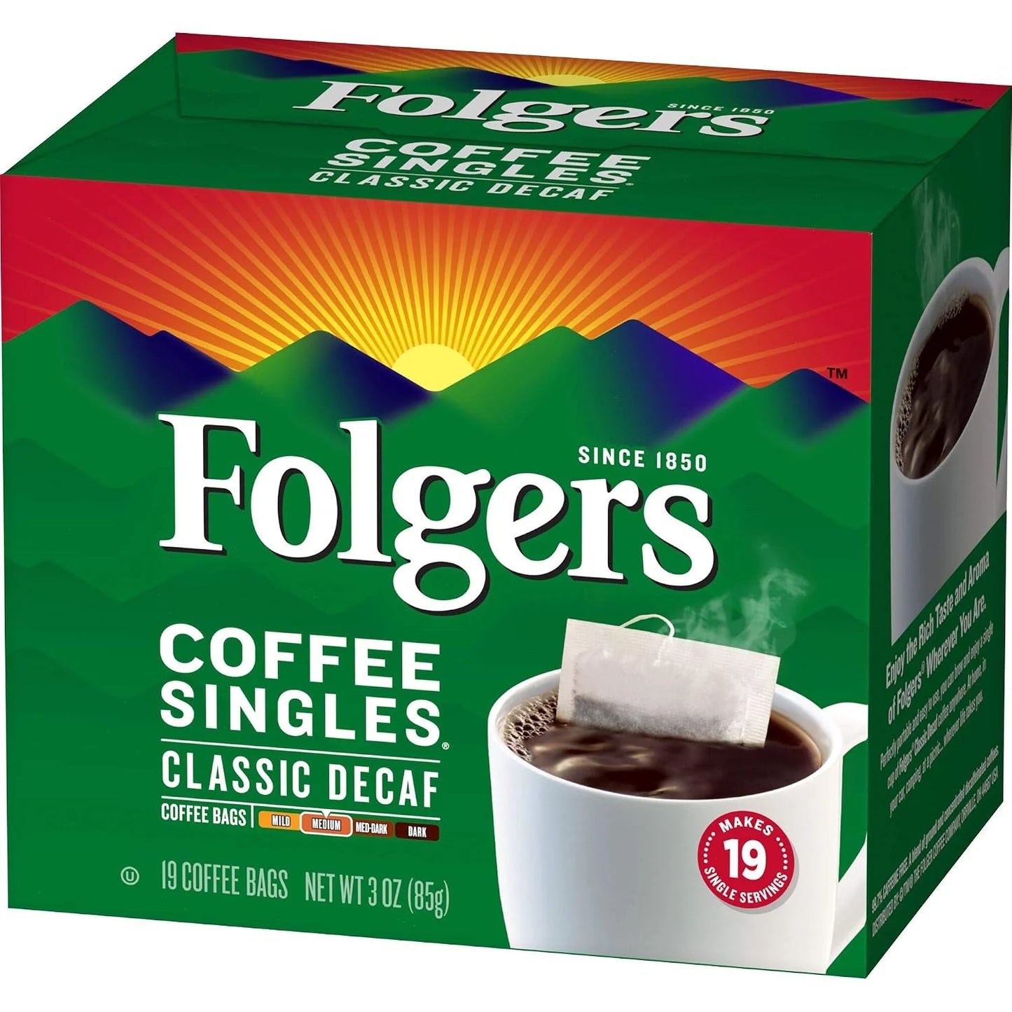 Folgers Coffee Singles Classic Decaf Medium Roast Coffee, 19 Single Serve Coffee Bags