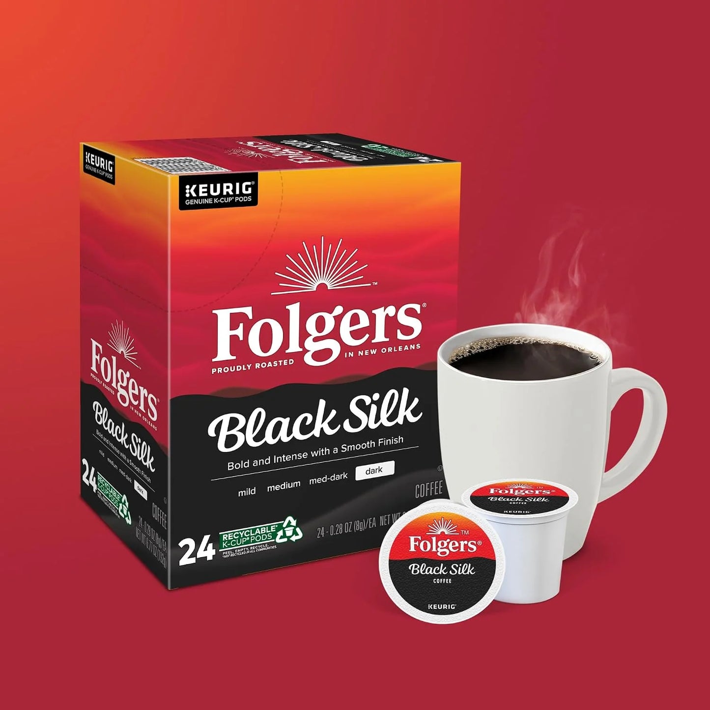Folgers Black Silk Coffee Keurig Single Serve K-Cup Pods, Dark Roast, 24 Pods Per Pack, Case Of 4 Packs