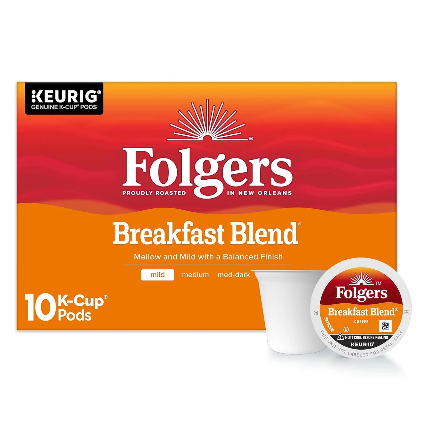 Folgers Breakfast Blend Coffee, Mild Roast, Keurig K-Cup Pods, 10 Count