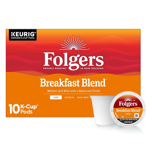 Folgers Breakfast Blend Coffee, Mild Roast, Keurig K-Cup Pods, 10 Count
