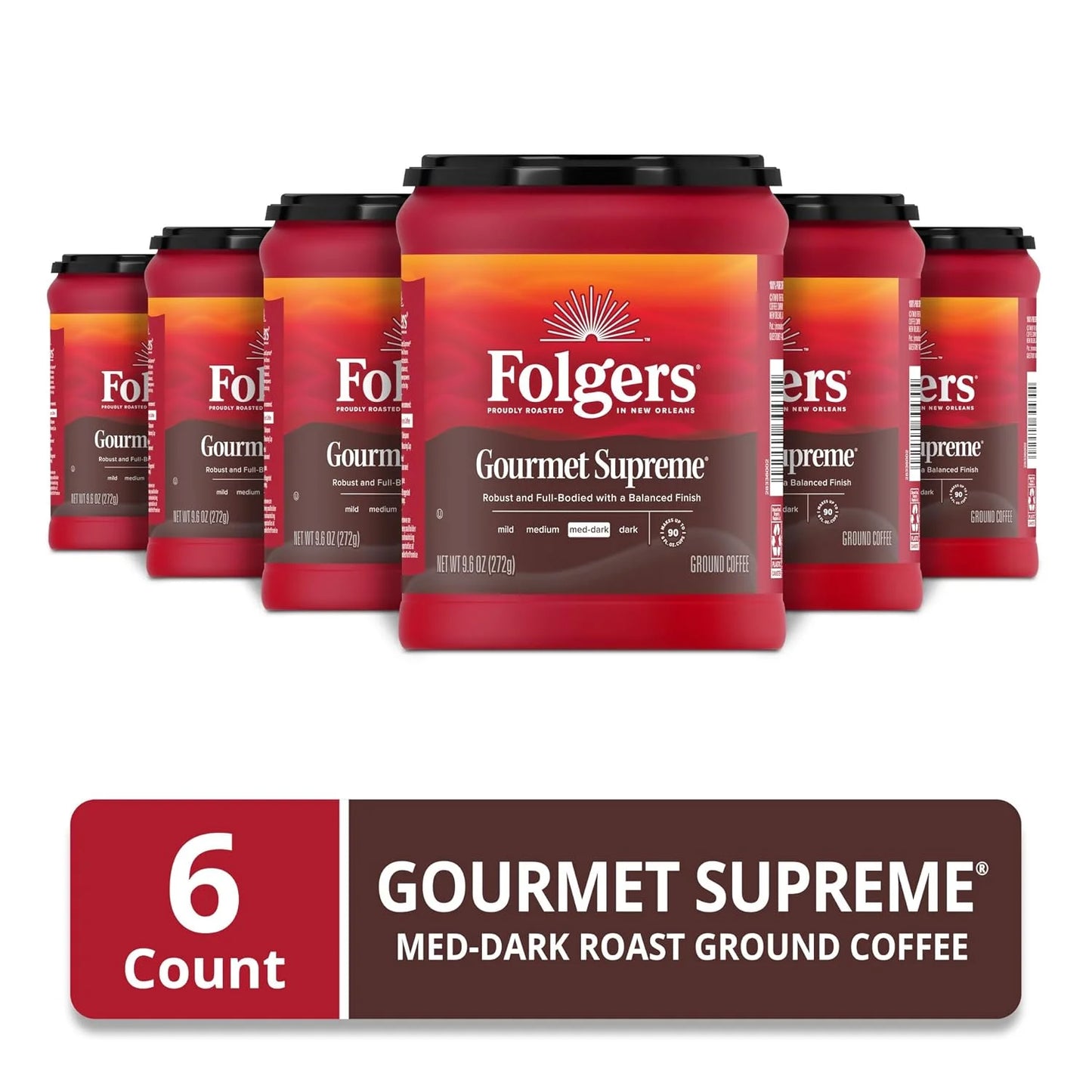 Folgers Gourmet Supreme Ground Coffee, Medium-Dark, 6 (9.6 Oz.) Canisters
