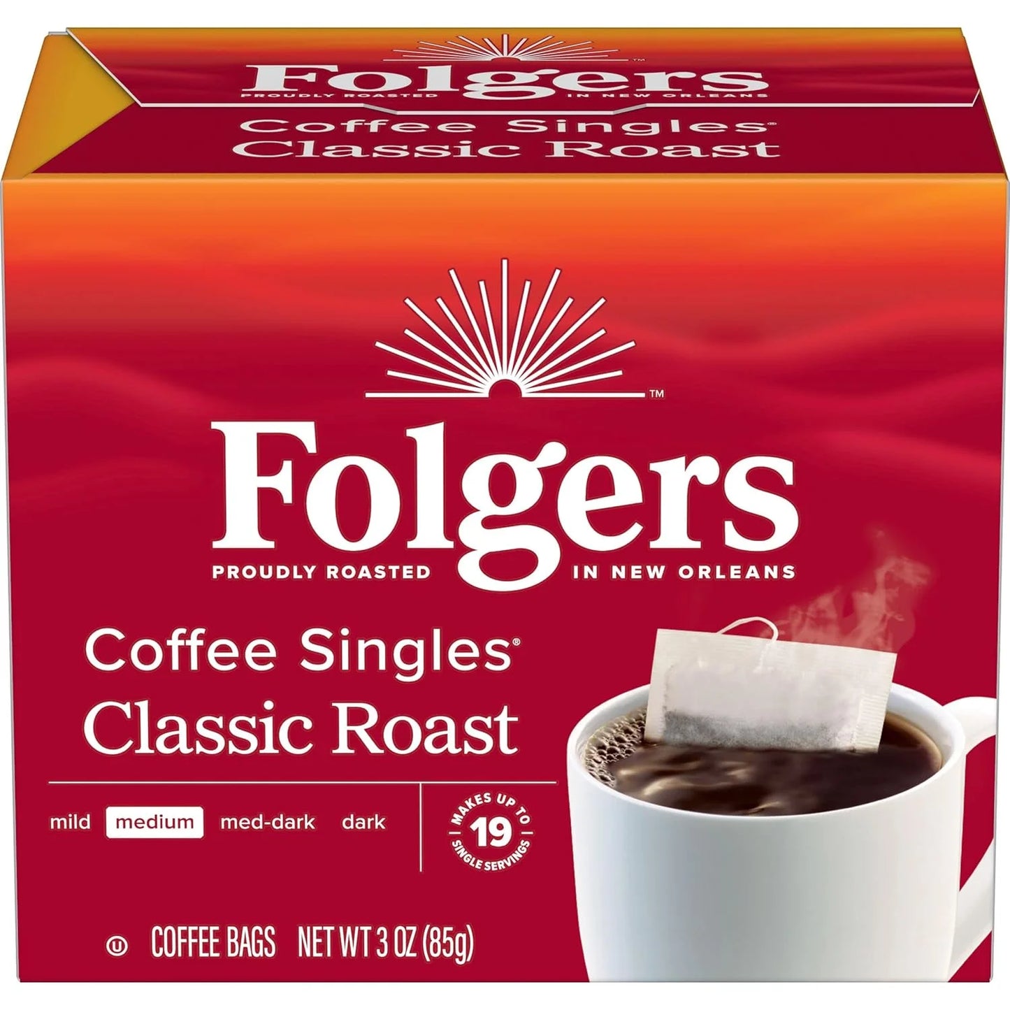 Folgers Classic Roast Instant Coffee Singles, Medium Roast, 19 Count