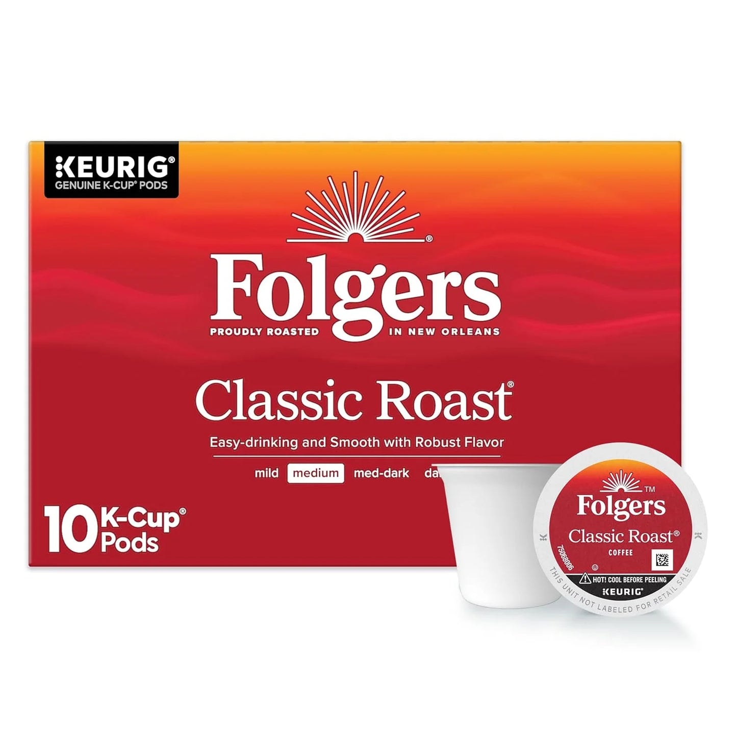Folgers Classic Roast Coffee, Medium Roast, Keurig K-Cup Pods, 10 Count Box